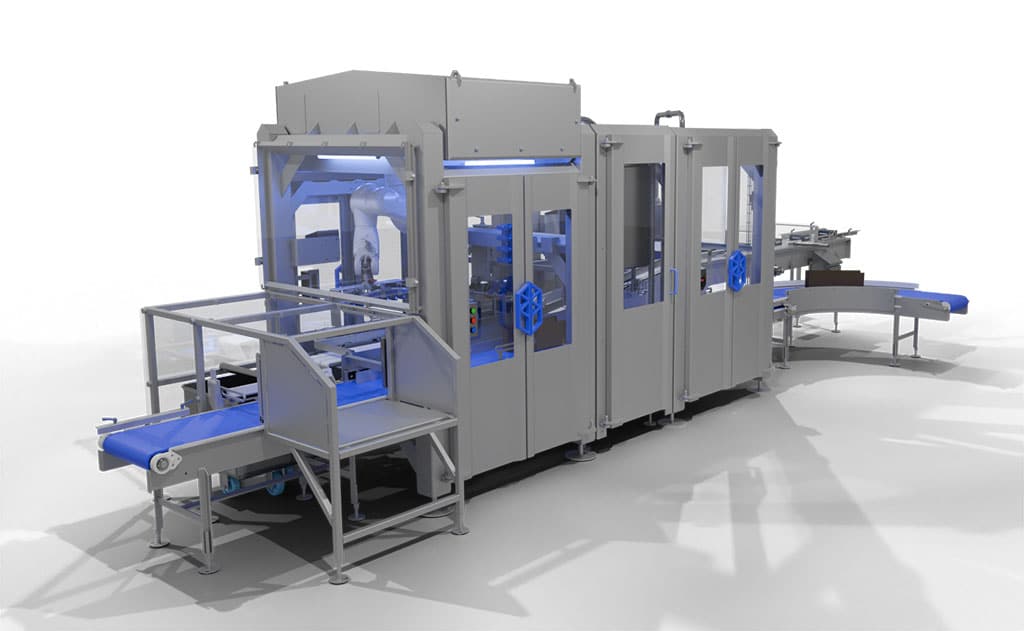 Small footprint robotic case packer (a customer-specific order that drove design for a standard offering due to excellent performance)